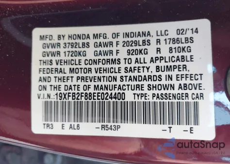 2014 Honda Civic Ex z USA, uszkodzony, nr VIN 19XFB2F88EE024400